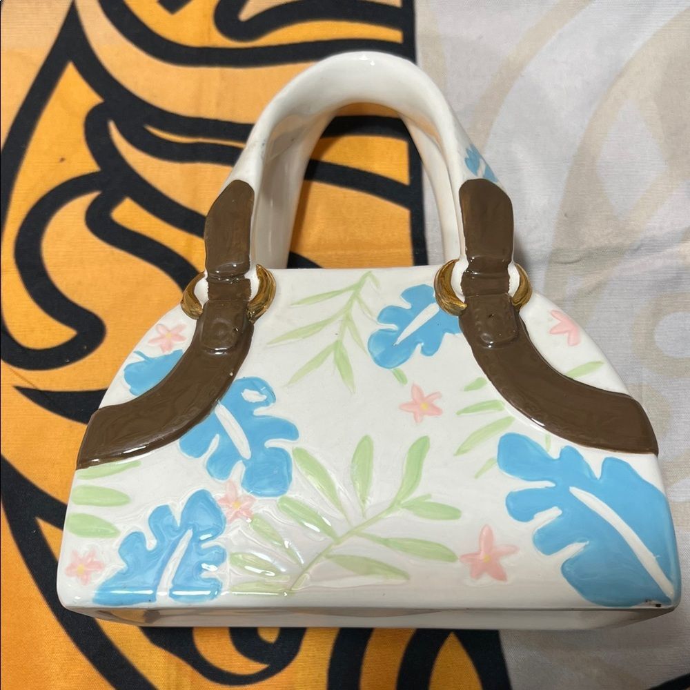 Russ Berrie Ceramic Mini Bag Bank with Blue and Pink Floral Design - Picture 2 of 9